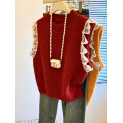 高級感灰色蕾絲花邊針織馬甲女裝秋季新款設計感絕美無袖背心上衣