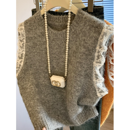 高級感灰色蕾絲花邊針織馬甲女裝秋季新款設計感絕美無袖背心上衣 高級感灰色蕾絲花邊針織馬甲女裝秋季新款設計感絕美無袖背心上衣