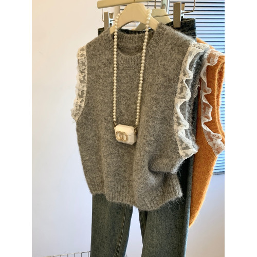 高級感灰色蕾絲花邊針織馬甲女裝秋季新款設計感絕美無袖背心上衣 高級感灰色蕾絲花邊針織馬甲女裝秋季新款設計感絕美無袖背心上衣