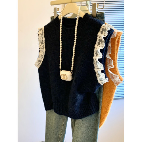 高級感灰色蕾絲花邊針織馬甲女裝秋季新款設計感絕美無袖背心上衣 高級感灰色蕾絲花邊針織馬甲女裝秋季新款設計感絕美無袖背心上衣