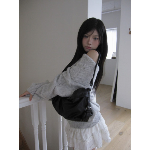 Up and on 韓系秋冬百搭慵懶一字領翻邊露肩寬松顯瘦針織衫毛衣