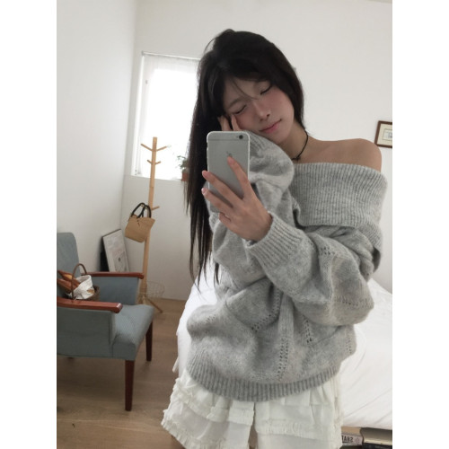 Up and on 韓系秋冬百搭慵懶一字領翻邊露肩寬松顯瘦針織衫毛衣