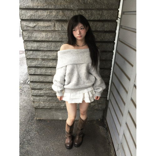 Up and on 韓系秋冬百搭慵懶一字領翻邊露肩寬松顯瘦針織衫毛衣