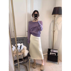 法式羊毛針織衫女2025秋冬季新款女裝韓版時尚一字肩翻領打底衫女