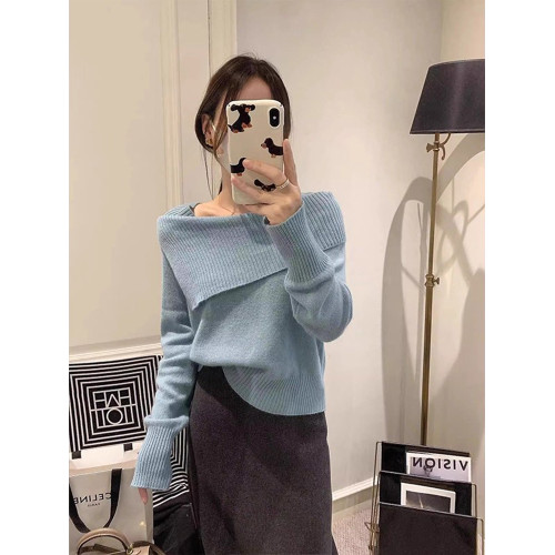 法式羊毛針織衫女2025秋冬季新款女裝韓版時尚一字肩翻領打底衫女