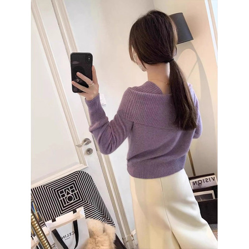 法式羊毛針織衫女2025秋冬季新款女裝韓版時尚一字肩翻領打底衫女