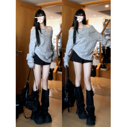 慵懶風灰色一字肩長袖毛衣女秋冬季2025新款高級感寬松針織衫上衣