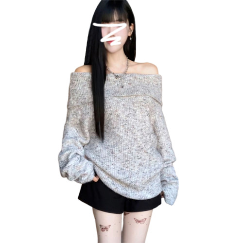 慵懶風灰色一字肩長袖毛衣女秋冬季2025新款高級感寬松針織衫上衣