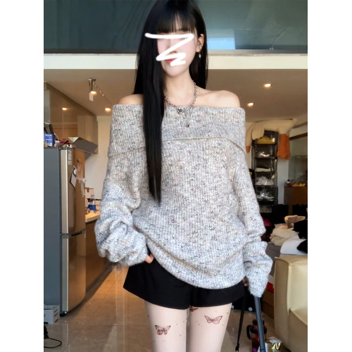 慵懶風灰色一字肩長袖毛衣女秋冬季2025新款高級感寬松針織衫上衣