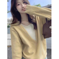 軟奶黃色假兩件撞色v領毛衣女早春秋寬松慵懶設計感小衆針織上衣