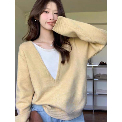軟奶黃色假兩件撞色v領毛衣女早春秋寬松慵懶設計感小衆針織上衣