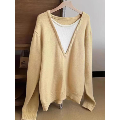 軟奶黃色假兩件撞色v領毛衣女早春秋寬松慵懶設計感小衆針織上衣