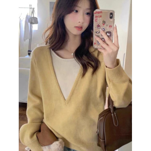 軟奶黃色假兩件撞色v領毛衣女早春秋寬松慵懶設計感小衆針織上衣