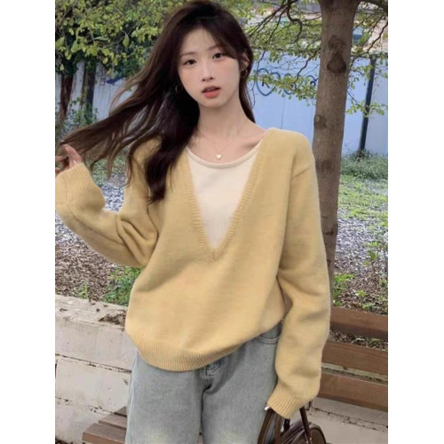 軟奶黃色假兩件撞色v領毛衣女早春秋寬松慵懶設計感小衆針織上衣