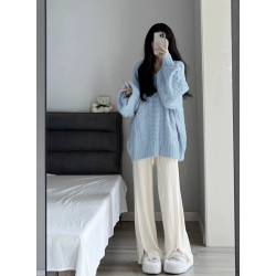 大碼胖MM淺藍色v領麻花毛衣女秋冬2025新款多巴胺穿搭慵懶風上衣