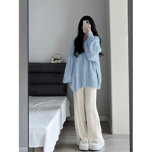 大碼胖MM淺藍色v領麻花毛衣女秋冬2025新款多巴胺穿搭慵懶風上衣