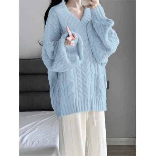 大碼胖MM淺藍色v領麻花毛衣女秋冬2025新款多巴胺穿搭慵懶風上衣