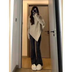 韓版高領長袖針織衫上衣女秋季新款設計感不規則小衆慵懶風毛衣女