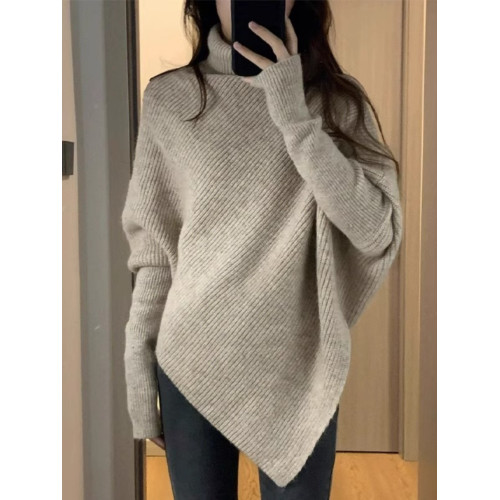 韓版高領長袖針織衫上衣女秋季新款設計感不規則小衆慵懶風毛衣女