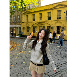 灰色圓領麻花針織衫毛衣女2025秋冬新款慵懶風小個子休閒套頭上衣