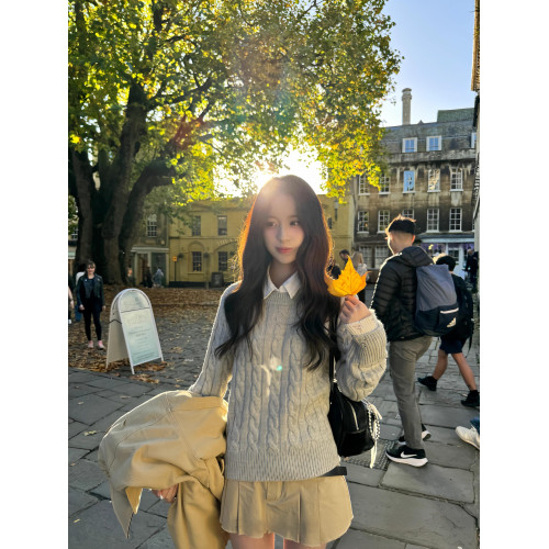 灰色圓領麻花針織衫毛衣女2025秋冬新款慵懶風小個子休閒套頭上衣