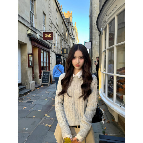 灰色圓領麻花針織衫毛衣女2025秋冬新款慵懶風小個子休閒套頭上衣