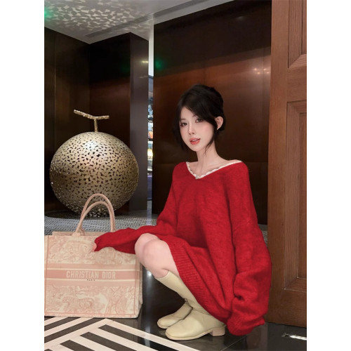 小香風蝴蝶結慵懶風毛衣女秋冬高級感一字肩上衣中長款聖誕針織衫