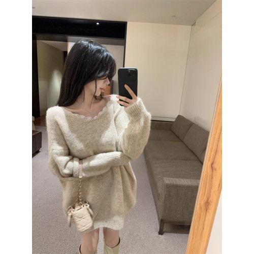 小香風蝴蝶結慵懶風毛衣女秋冬高級感一字肩上衣中長款聖誕針織衫