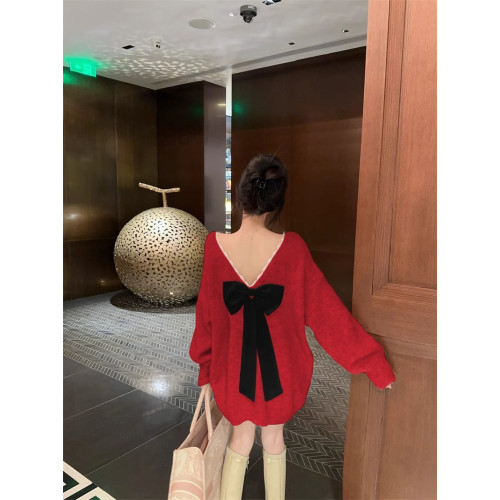 小香風蝴蝶結慵懶風毛衣女秋冬高級感一字肩上衣中長款聖誕針織衫