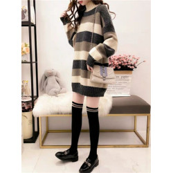 秋冬新款小香風半高領條紋寬松遮肚子顯瘦慵懶風百搭中長款毛衣女