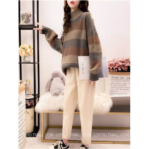 秋冬新款小香風半高領條紋寬松遮肚子顯瘦慵懶風百搭中長款毛衣女