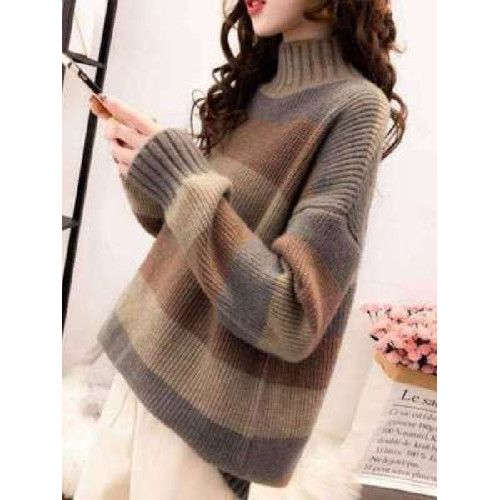 秋冬新款小香風半高領條紋寬松遮肚子顯瘦慵懶風百搭中長款毛衣女