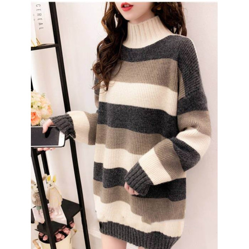 秋冬新款小香風半高領條紋寬松遮肚子顯瘦慵懶風百搭中長款毛衣女