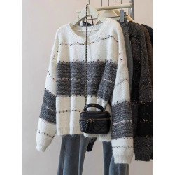 法式撞色787圓領寬條紋套頭毛衣女秋冬新款彩色針織軟糯打底上衣