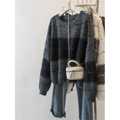 法式撞色787圓領寬條紋套頭毛衣女秋冬新款彩色針織軟糯打底上衣 法式撞色787圓領寬條紋套頭毛衣女秋冬新款彩色針織軟糯打底上衣