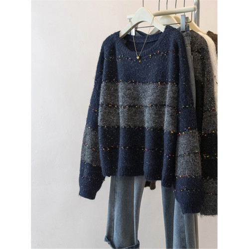 法式撞色787圓領寬條紋套頭毛衣女秋冬新款彩色針織軟糯打底上衣 法式撞色787圓領寬條紋套頭毛衣女秋冬新款彩色針織軟糯打底上衣