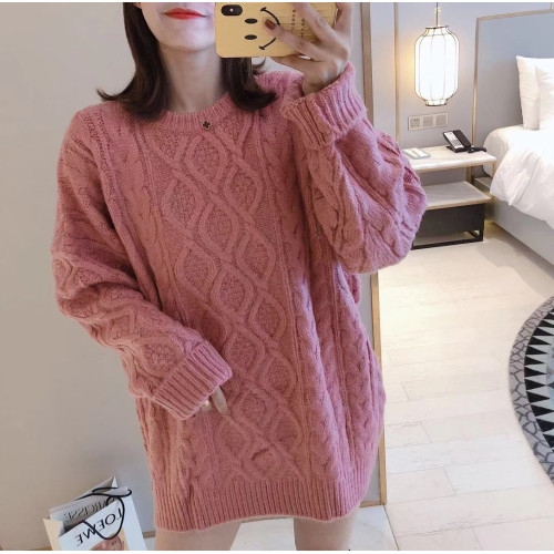 2025新款秋冬大碼毛衣女中長款時尚寬松慵懶風菱紋厚實毛衣裙外套