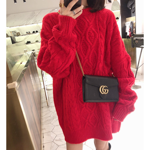 2025新款秋冬大碼毛衣女中長款時尚寬松慵懶風菱紋厚實毛衣裙外套