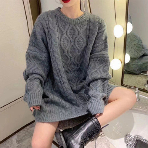 2025新款秋冬大碼毛衣女中長款時尚寬松慵懶風菱紋厚實毛衣裙外套