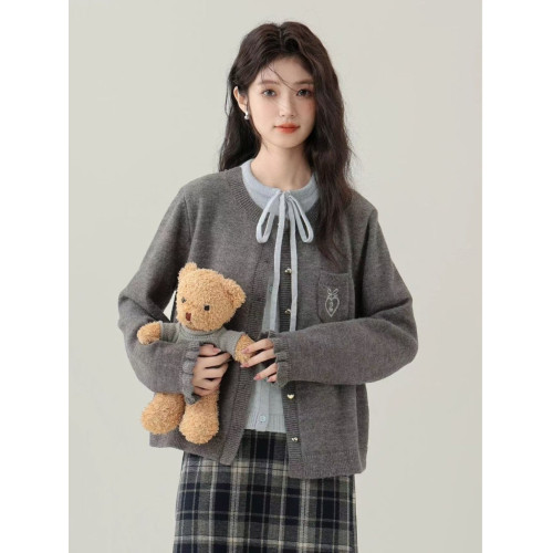 大碼胖mm韓系氣質毛衣女秋冬小個子休閒減齡刺綉口袋開衫上衣外穿