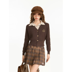 美拉德咖色polo假兩件短款針織毛衣開衫女秋冬學院風內搭打底秋季