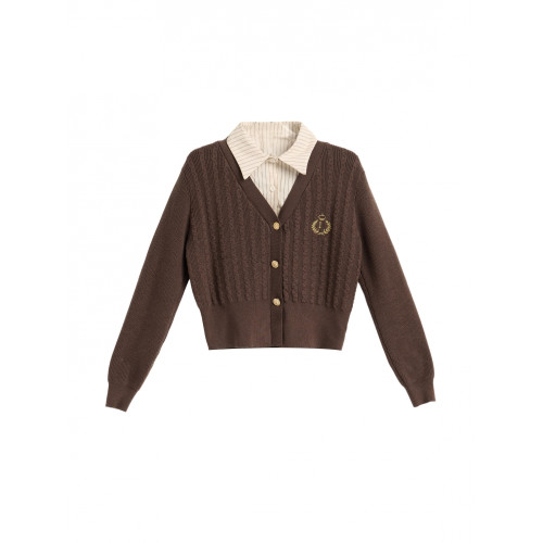 美拉德咖色polo假兩件短款針織毛衣開衫女秋冬學院風內搭打底秋季 美拉德咖色polo假兩件短款針織毛衣開衫女秋冬學院風內搭打底秋季