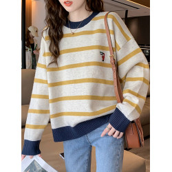 加絨刺綉條紋毛衣女寬松2025秋冬新款韓版慵懶風打底針織衫上衣厚