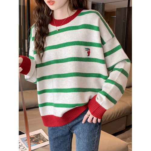 加絨刺綉條紋毛衣女寬松2025秋冬新款韓版慵懶風打底針織衫上衣厚 加絨刺綉條紋毛衣女寬松2025秋冬新款韓版慵懶風打底針織衫上衣厚