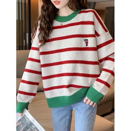 加絨刺綉條紋毛衣女寬松2025秋冬新款韓版慵懶風打底針織衫上衣厚 加絨刺綉條紋毛衣女寬松2025秋冬新款韓版慵懶風打底針織衫上衣厚