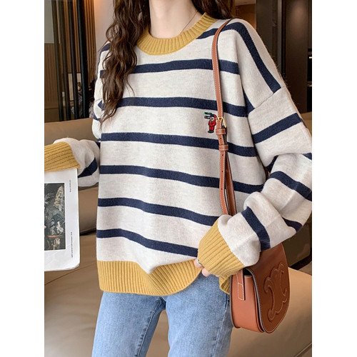 加絨刺綉條紋毛衣女寬松2025秋冬新款韓版慵懶風打底針織衫上衣厚 加絨刺綉條紋毛衣女寬松2025秋冬新款韓版慵懶風打底針織衫上衣厚