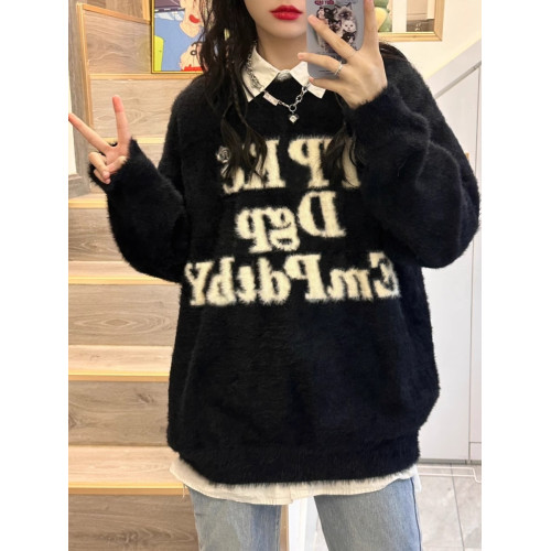 國潮美式字母印花水貂絨毛衣女秋冬加厚高街軟糯針織衫高級感上衣 國潮美式字母印花水貂絨毛衣女秋冬加厚高街軟糯針織衫高級感上衣