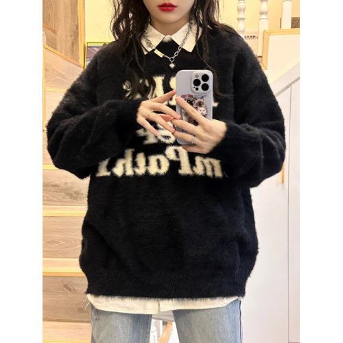 國潮美式字母印花水貂絨毛衣女秋冬加厚高街軟糯針織衫高級感上衣 國潮美式字母印花水貂絨毛衣女秋冬加厚高街軟糯針織衫高級感上衣