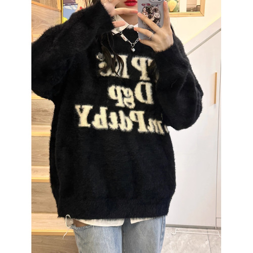 國潮美式字母印花水貂絨毛衣女秋冬加厚高街軟糯針織衫高級感上衣 國潮美式字母印花水貂絨毛衣女秋冬加厚高街軟糯針織衫高級感上衣