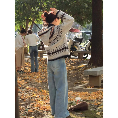 費爾島復古連帽毛衣外套女秋冬慵懶風外穿軟糯針織開衫設計感上衣